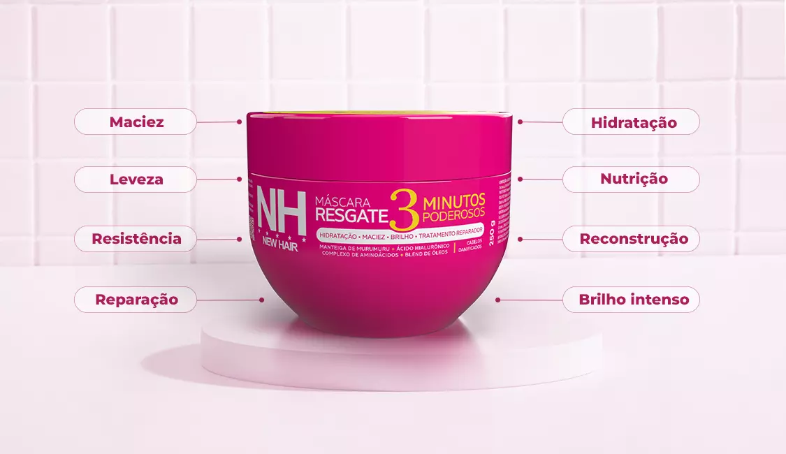 Máscara Resgate 3 Minutos com destaques: maciez, leveza, resistência, reparação, hidratação, nutrição, reconstrução e brilho intenso